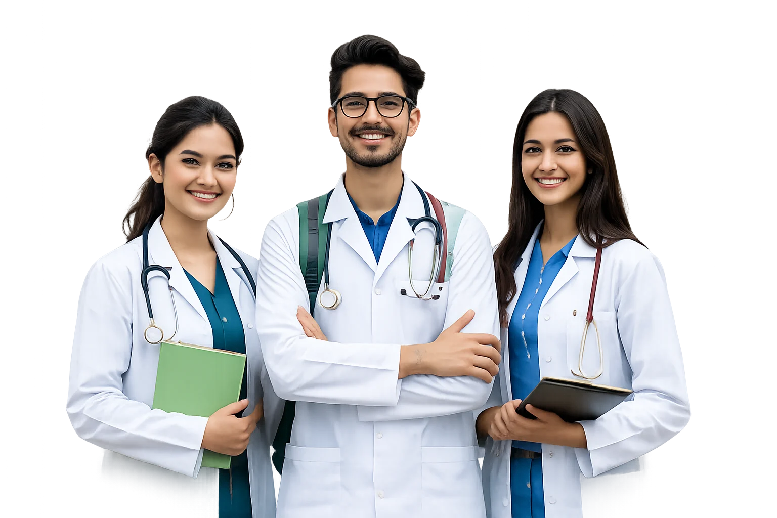 Three doctors in white coats, students placed abroad through Grad Academy